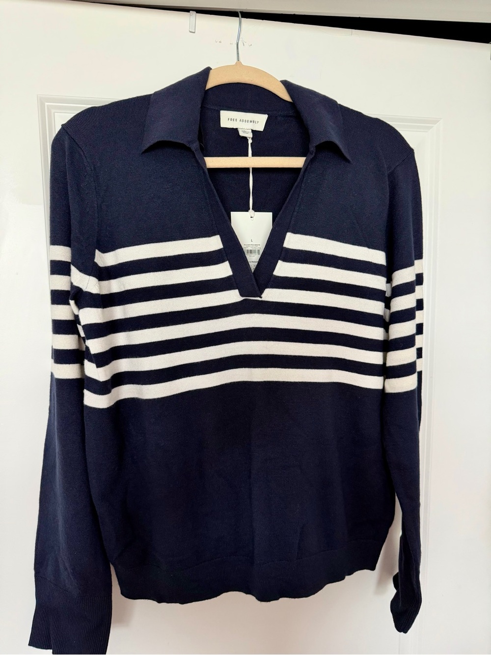 Polo-Style Navy and White Striped V-Neck Sweater